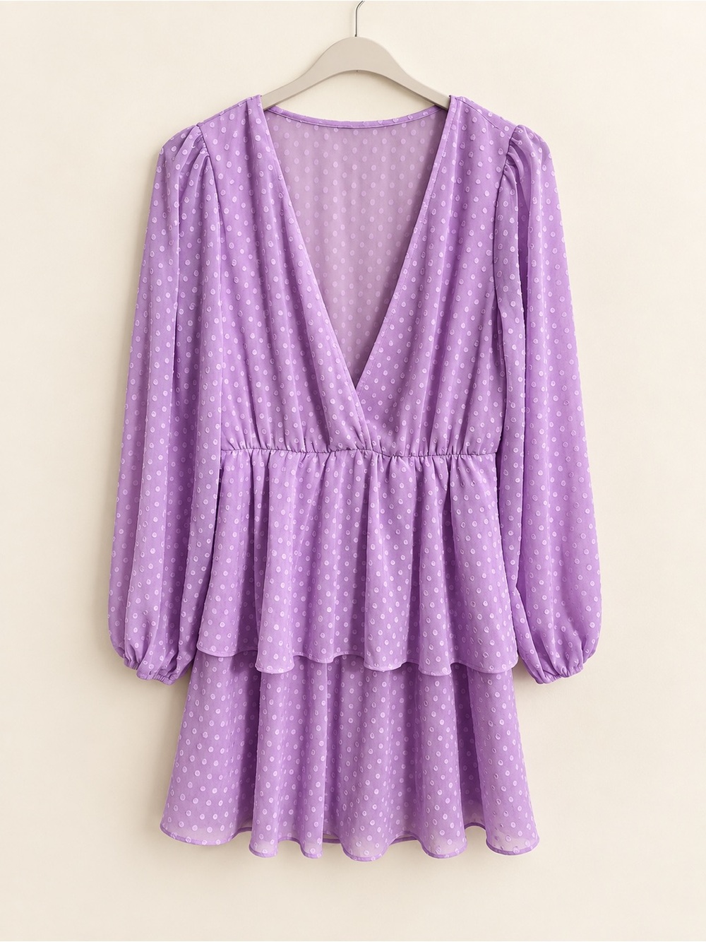 Lavender V-Neck Tiered Long-Sleeve Mini Dress